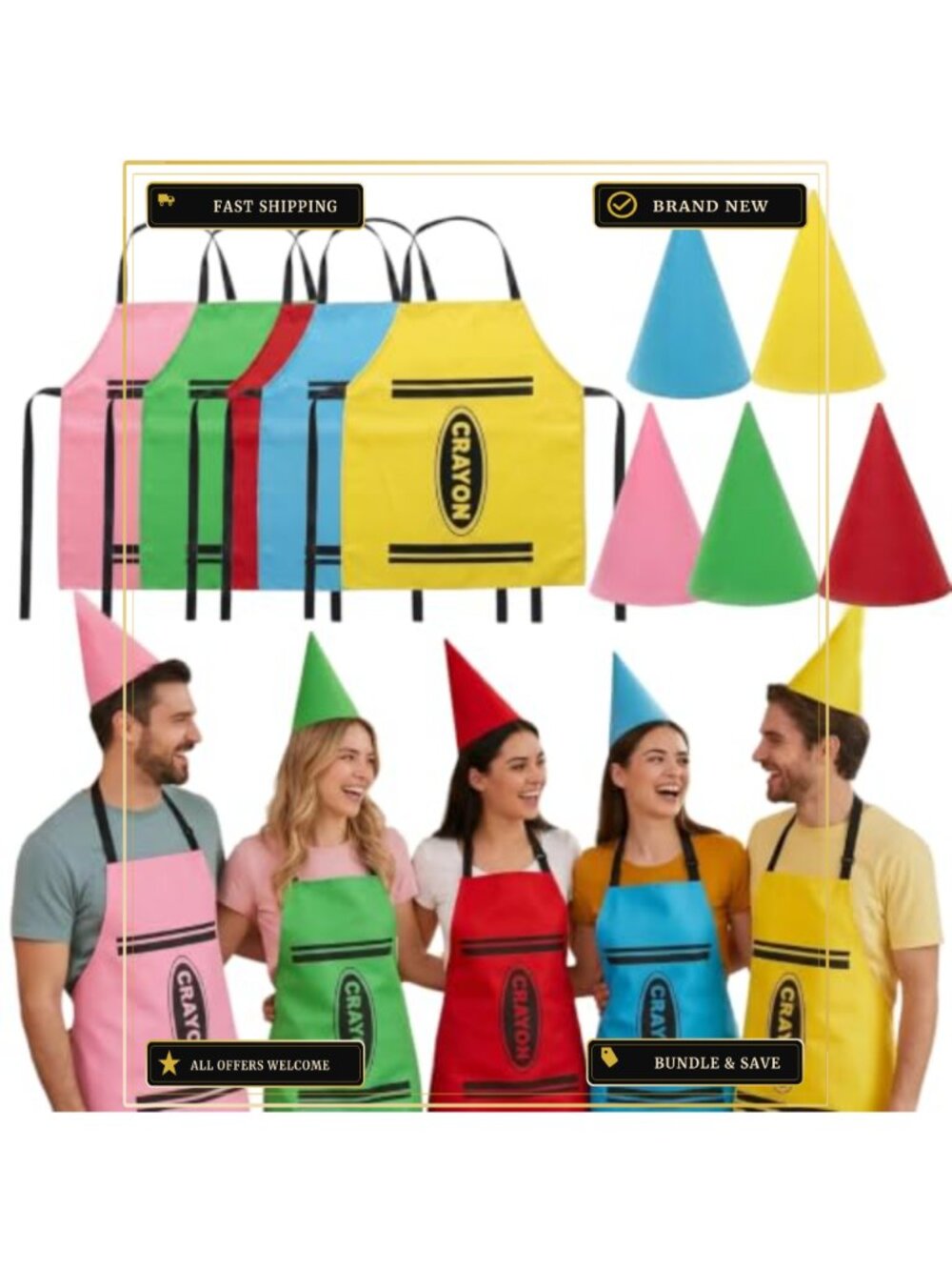 5 Pc Crayon Apron & Gnome Party Hats Set Adult Fancy Dress Costume